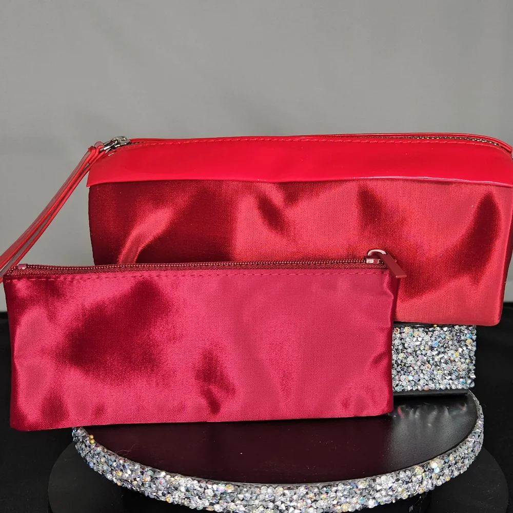 MAC 2 pc clutch red satin makeup case bag NEW patent leather Limited Edition